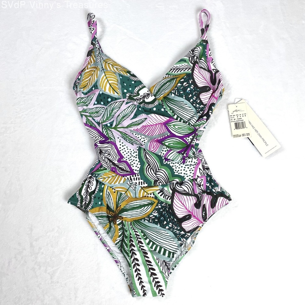 NWT Gottex Aloha Floral Snatched One Piece Swimsuit Deep V Open Back Size 8